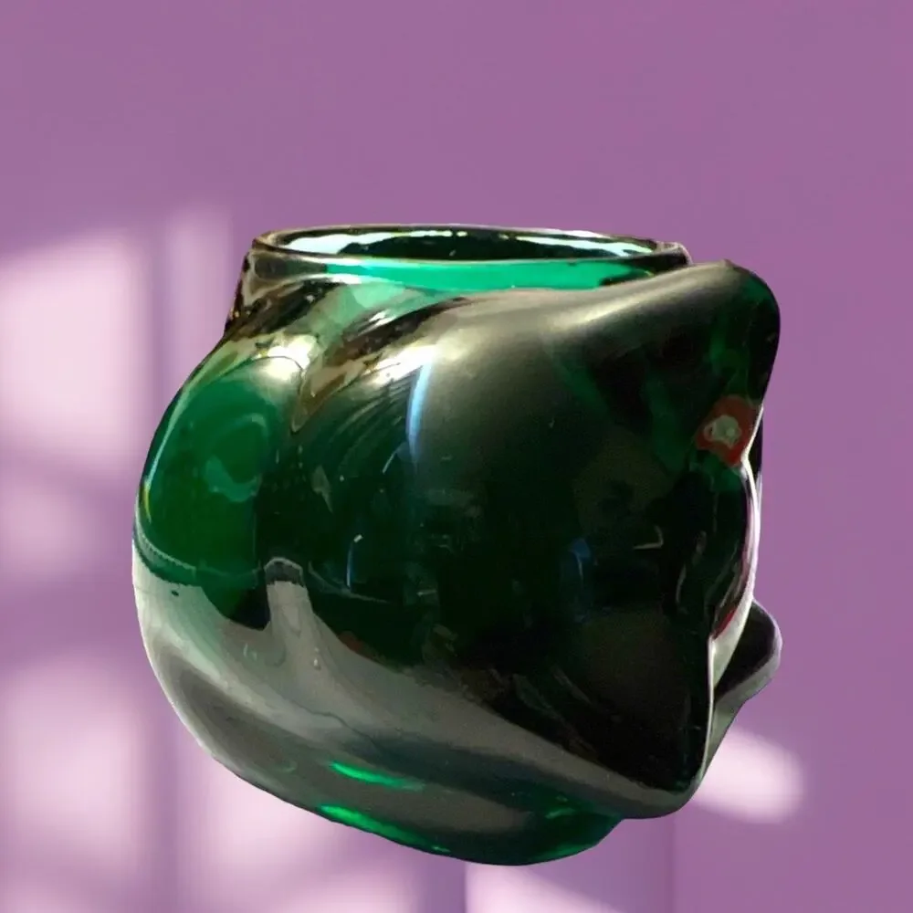 Vintage Indiana Glass Green Cat Candle Lite Glass 90s Votive Candle Holder